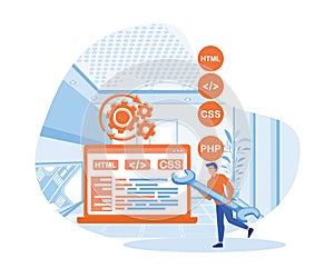programmer cartoon character developing website, coding.