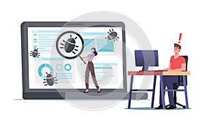 Programmer Characters Catch Bugs, Debugging Process, Programming, Coding, Create App. Application Development and Test