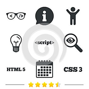Programmer coder glasses. HTML markup language.