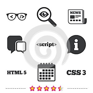 Programmer coder glasses. HTML markup language.