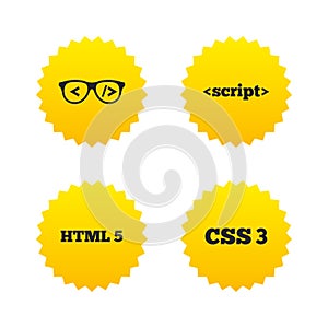 Programmer coder glasses. HTML markup language.