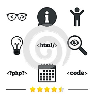 Programmer coder glasses. HTML markup language.