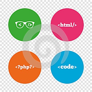 Programmer coder glasses. HTML markup language.