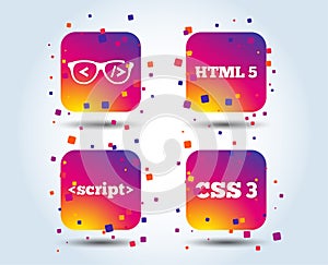 Programmer coder glasses. HTML markup language.