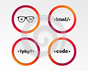 Programmer coder glasses. HTML markup language.