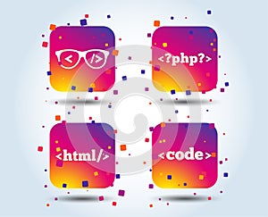 Programmer coder glasses. HTML markup language.