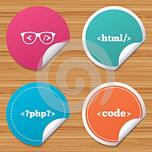 Programmer coder glasses. HTML markup language.