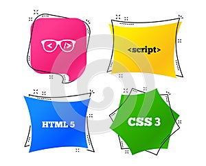 Programmer coder glasses. HTML markup language. Vector