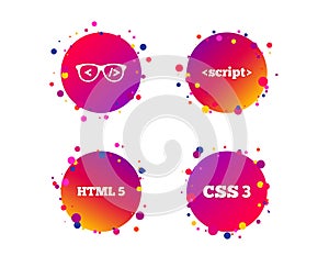 Programmer coder glasses. HTML markup language. Vector