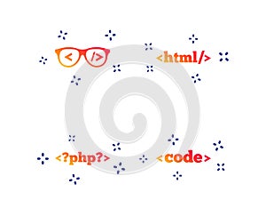 Programmer coder glasses. HTML markup language. Vector