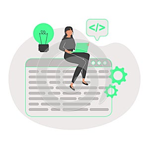 Programmer or coder sitting on program window and working on laptop computer. Concept of code