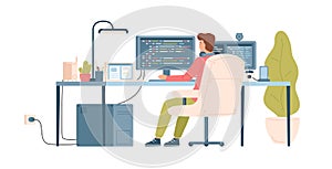 Programmer, coder, web developer or software engineer sitting at desk and working on computer or programming. Workplace