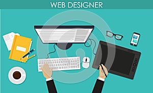Programmer, coder in the workplace sitting at a computer. Software coding, programming languages, testing, debugging, web site des
