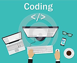 Programmer, coder in the workplace sitting at a computer. Software coding, programming languages, testing, debugging, web site des