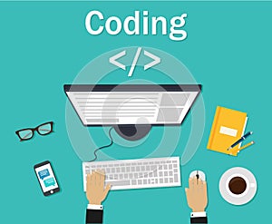 Programmer, coder in the workplace sitting at a computer. Software coding, programming languages, testing, debugging, web site des