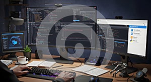 Programmer coding AI on multiple monitors