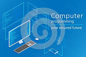 Programmer coding binary computer isometric flat vector design