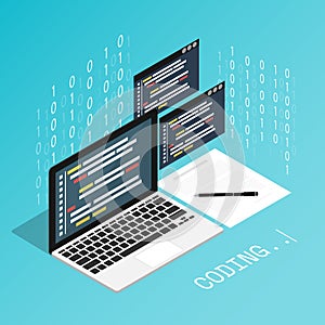 Programmer coding binary computer isometric flat vector