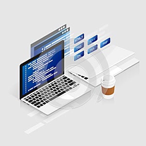Programmer coding binary computer isometric flat vector