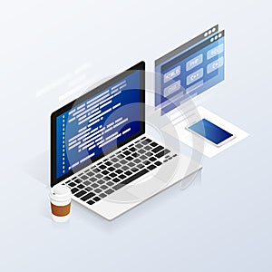 Programmer coding binary computer isometric flat vector