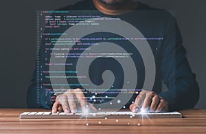 programmer coding, compiler, encode, debug, and developer application software for business corporate with laptop computer. Man