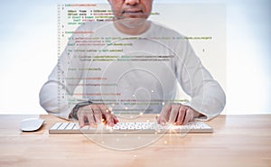 programmer coding, compiler, encode, debug, and developer application software for business corporate with laptop computer. Man