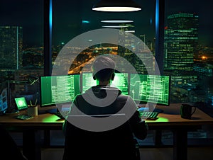 Programmer coding on a computer in the dark with a view of the lights of the night city. The concept of a developer or hacker