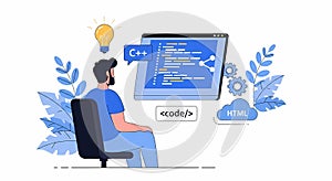 Programmer Coding on Computer with Idea and Technology Elements