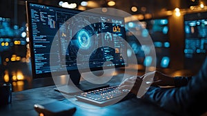 Programmer coding on computer at night