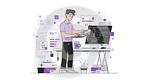 Programmer coding on computer, software development, workspace design, technology concept