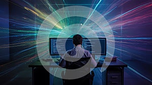 Programmer coding at desk with dual monitors computer