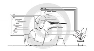 Programmer Coding at Desk with Multiple Monitors - Line Art Illustration