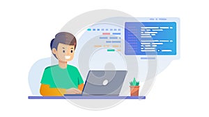 Programmer Coding at Desk with Multiple Screens, vector design Generative AI