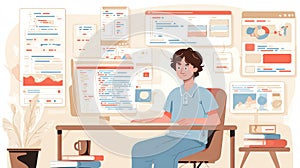 Programmer Coding at Desk Surrounded by Multiple Computer Screens with Data and Code