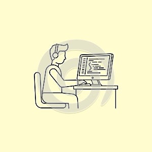 Programmer coding on desktop computer while seated at a desk in minimalist style focus on programming software development and