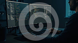 Programmer coding on dual monitors