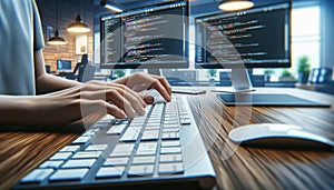 Illustration of Coder Working on a computer in a modern workspace. Generative Ai