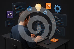 Programmer Coding on Laptop Surrounded by Digital Icons and Code Snippets computer software