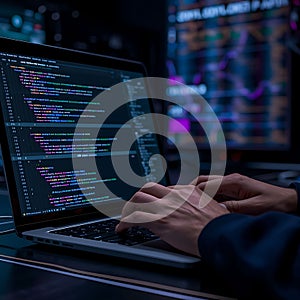 Programmer Coding on Laptop with Data Analytics and Cybersecurity Dashboard in Dark Office