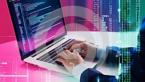 typing on laptop with glowing code data stream background digital screen