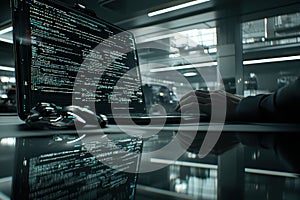 Programmer Coding on Laptop at Night Dark Office Setting Cyber Security Software Development