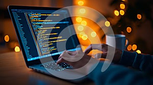 Programmer Coding on Laptop at Night Illuminated by Festive Lights AI generated.