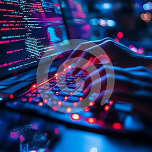 Programmer Coding on Laptop at Night with Red Keyboard