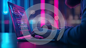 A programmer coding on a laptop in a room with pink and blue neon lights