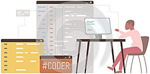 Programmer coding at laptop. Software developer work with business project structure, programming