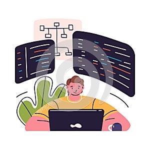 Programmer coding at laptop. Software developer work with business project structures and systems, analyzing data