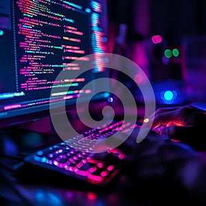 Programmer Coding at Night on Computer Keyboard
