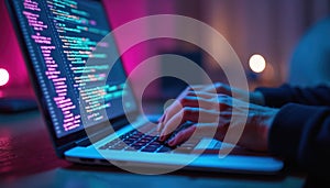 Programmer coding at night on laptop. Illuminated screen shows programming code, fingers typing on keyboard. Digital business,
