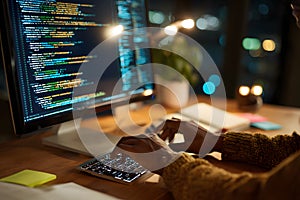 Programmer coding at night in a modern workspace with plants and soft lighting