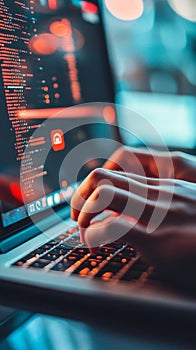 Programmer coding with red cybersecurity theme on screen